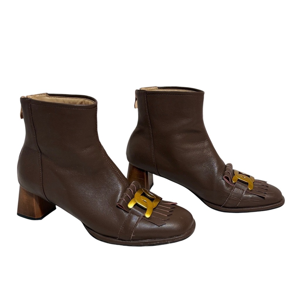 Vero Cuoio Brown Leather Kiltie Fringe Gold Chain Block Heel Ankle Boot Size 8.5